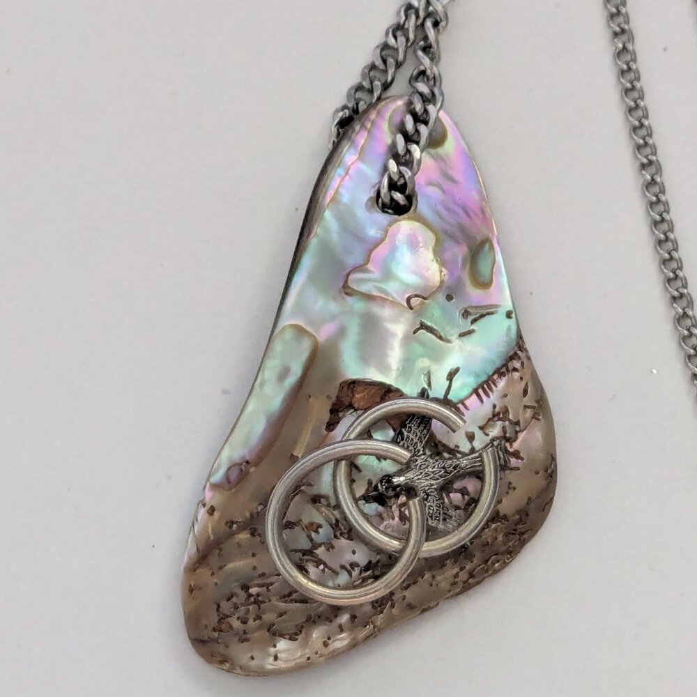 Vintage Artisan Abalone Shell Triangular Pendant … - image 3